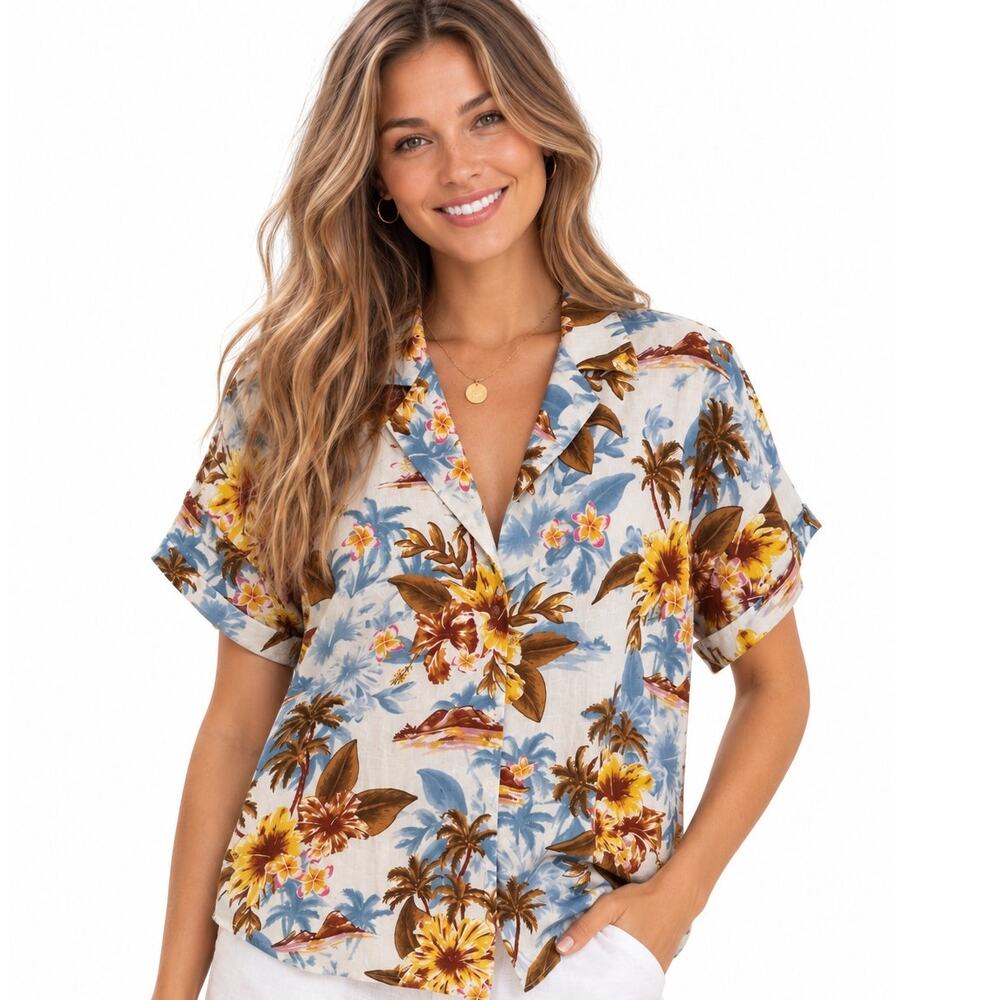 Zara Linen Blend Hawaiian Top Womens Medium Blue Brown Tropical Beachy Button